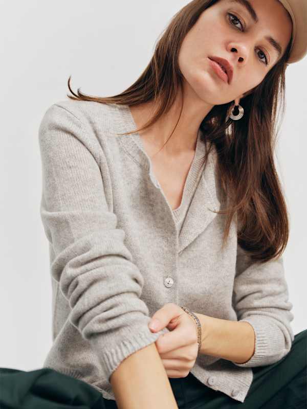Clara Cashmere Crew Cardigan - Light Grey
